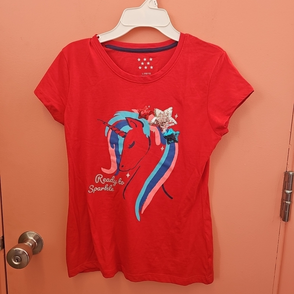 NOWT Girls Size L(10/12) Patriotic Unicorn Sequin T-Shirt 4th Of July Festive!